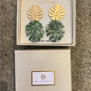 House of Harlow 1960 Gold and Green Monstera Earrings